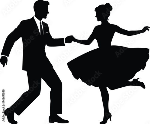 Dance couple silhouette illustration, partner rhythm concept, swing dance design, ballroom motion, elegance, coordination, performance, style, entertainment, lifestyle, art
