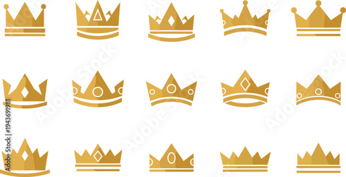 Golden crown icons collection with royal king and queen headpieces, luxury monarchy symbols isolated flat vector illustration set