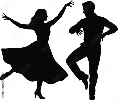 Dance silhouette illustration, elegant couple movement, rhythm concept, performance art, stylish attire, choreography design, passion, creativity, expression, motion, entertainment