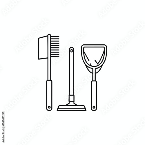 Line art of cleaning tools brush, dustpan, and squeegee