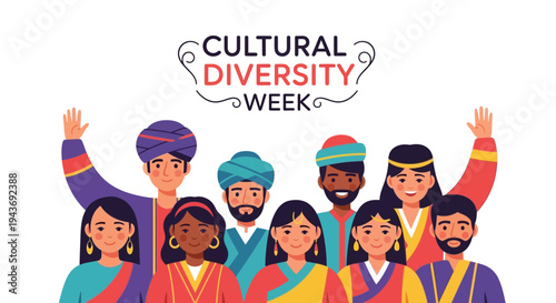 Illustration of diverse people celebrating Cultural Diversity Week with raised hands in a vibrant, multicultural community concept.