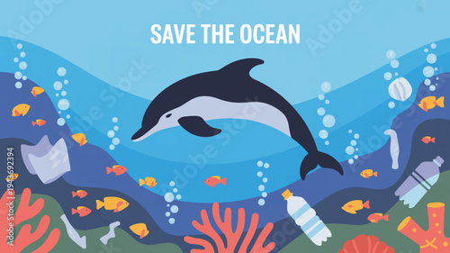 Dolphin swimming amidst ocean pollution with fish coral and plastic waste underwater