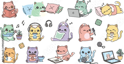 Cute cats daily activities collection with sleeping, working on laptop, listening to music and studying, adorable cartoon kittens lifestyle vector illustration set
