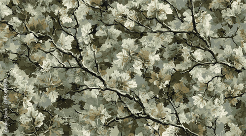 A high-quality, nature-inspired woodland camouflage pattern featuring a dense layering of deciduous oak leaves and intricate branch structures a sophisticated earth-tone palette Seamless Woodland Camo