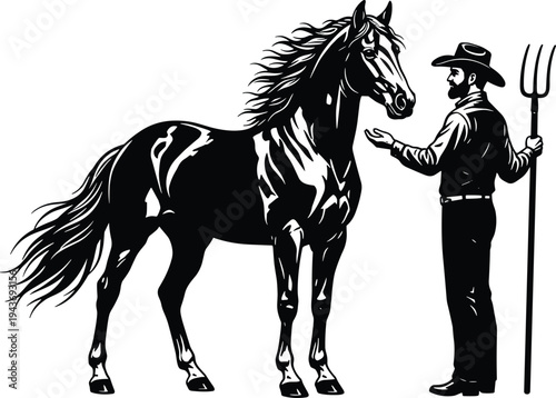 Farmer and horse silhouette illustration, rural life concept, agriculture design, animal care, countryside bond, farm work, lifestyle, tradition, art