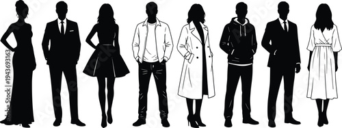 Fashion silhouette illustration, diverse clothing styles, formal wear, casual outfits, outerwear concept, elegance, lifestyle, design, attire, art, diversity