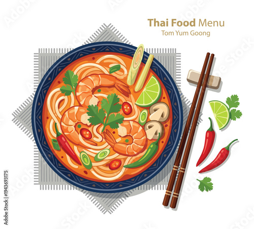 Exquisite Tom Yum Goong: A vibrant illustration showcasing a delectable bowl of Tom Yum Goong, a famous Thai soup, garnished with fresh herbs, alongside chopsticks and lime wedges.