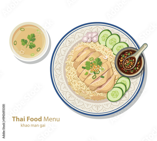 Khao Man Gai Delight: A vibrant illustration showcases a mouthwatering serving of Khao Man Gai, a classic Thai dish, with succulent chicken, fragrant rice, and flavorful accompaniments.