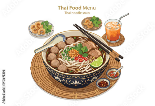 Thai Noodle Soup: An appetizing and detailed illustration showcasing the traditional Thai noodle soup, with a vibrant selection of accompanying dishes.