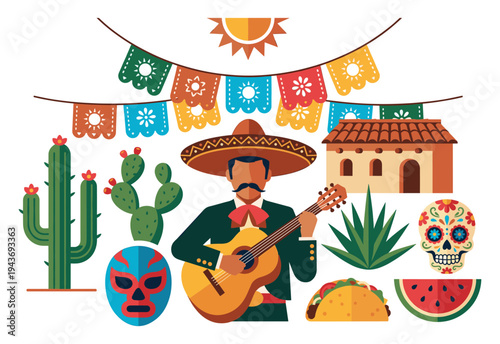 Mexican fiesta elements: a vibrant illustration showcasing the rich cultural heritage and celebratory spirit of a Mexican fiesta.
