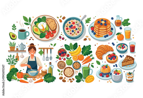 Culinary Creation: A vibrant illustration showcasing the joy of preparing and savoring a delightful array of dishes and ingredients, emphasizing a healthy, balanced lifestyle.