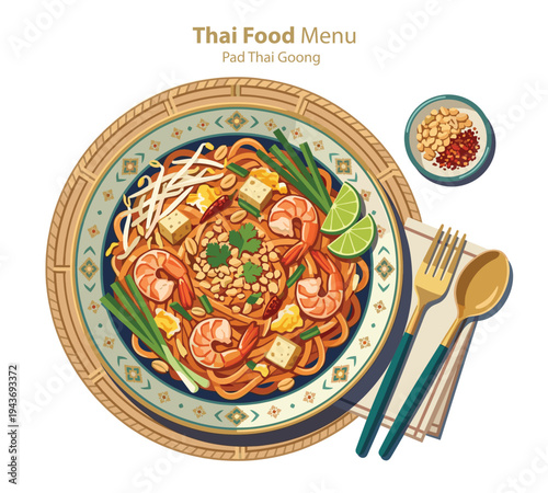 Thai Cuisine Delight: An artistic rendering of Pad Thai Goong, a popular Thai dish. The dish features shrimp, noodles, peanuts, tofu, bean sprouts, and lime.