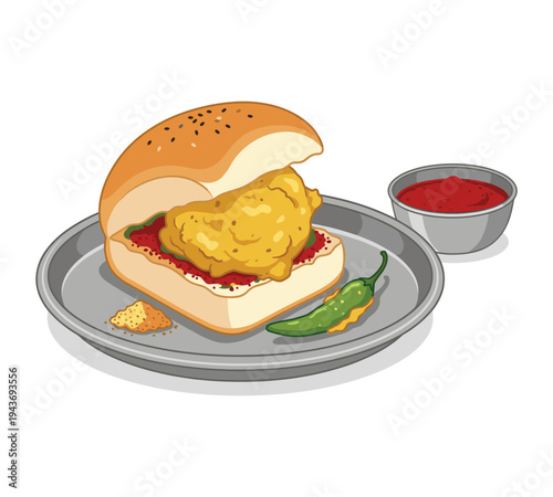 Vada Pav: A mouthwatering depiction of the iconic vada pav, a popular street food, is presented with vibrant detail and appetizing textures, served alongside condiments and a chili pepper.