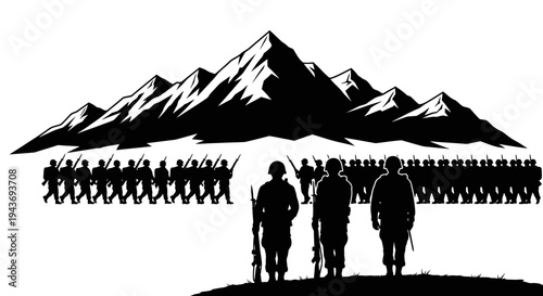Silhouette Army Soldiers Marching Mountains Background Black White