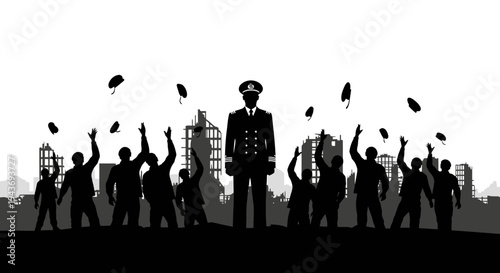 Silhouette of a Leader Standing Tall Amidst a Cheering Crowd and Cityscape