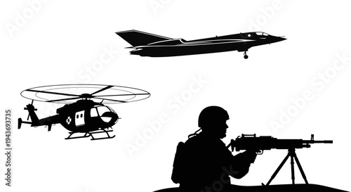 Silhouette of military helicopter, jet fighter, and soldier with machine gun against white background