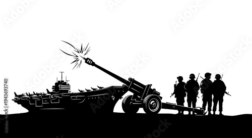 Silhouette of a military artillery cannon firing with soldiers standing by, black and white