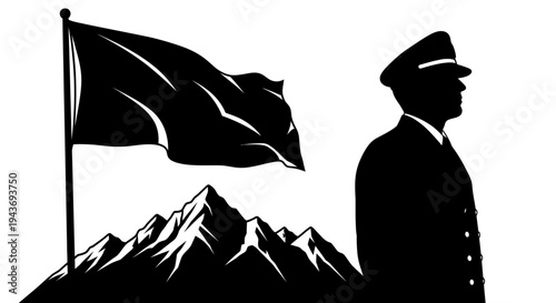 Silhouette of a man in uniform saluting a flag flying over mountains, symbolizing patriotism and leadership.