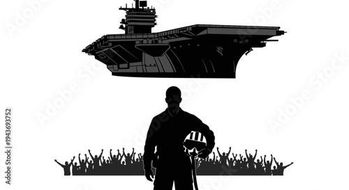 Silhouette of a pilot standing before an aircraft carrier and cheering crowd