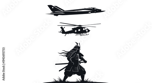 Silhouette of Jet, Helicopter, and Samurai Warrior on White Background