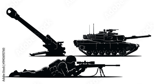 Silhouette of military equipment: tank, artillery gun, and sniper soldier