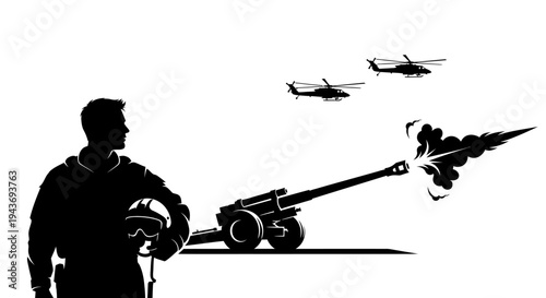 Silhouette of Pilot with Helmet, Artillery Firing, Helicopters Flying - Military Power Concept