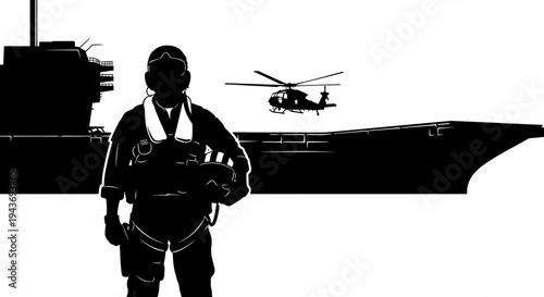 Silhouette of Pilot on Aircraft Carrier with Helicopter Landing