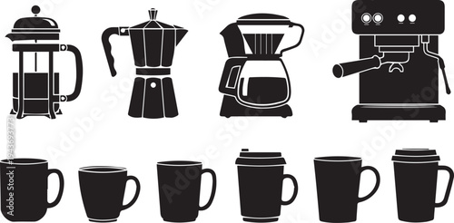 Variety of coffee makers and cups in a black and white illustration