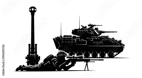 Silhouette of Sniper, Tank, and Artillery Gun on White Background