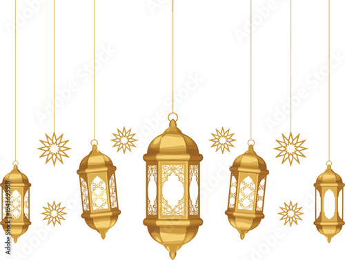 Golden lanterns and stars, Ramadan Eid decoration, festive hanging ornaments, Islamic celebration design, cultural holiday illustration, elegant golden silhouette