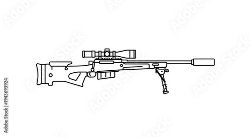 Sniper Rifle with Scope and Silencer - Line Art Illustration