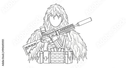 Sniper Soldier in Ghillie Suit with Rifle, Tactical Gear, Camouflage, Military Action