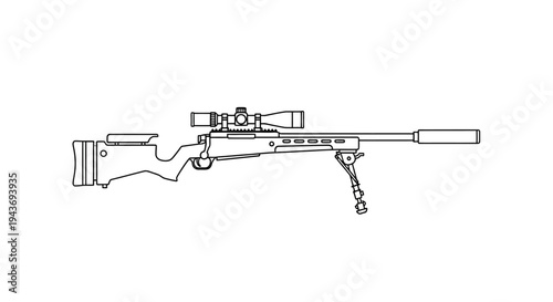 Sniper Rifle with Scope and Silencer, Military Weapon Illustration