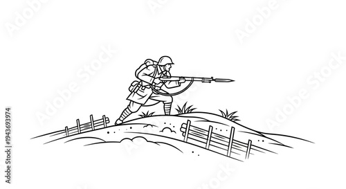 Soldier Advancing with Rifle on Hilltop, WWI Era Illustration