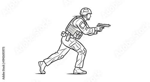 Soldier aiming handgun, tactical gear, combat stance, military operation, action pose