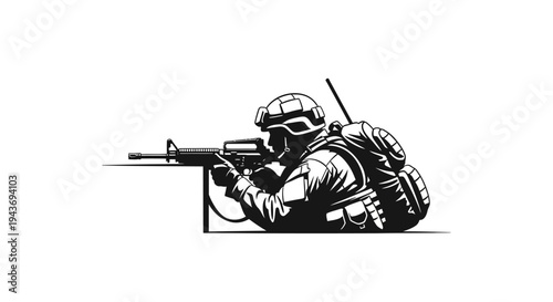 Soldier aiming rifle, tactical gear, military action, combat readiness, focused soldier illustration