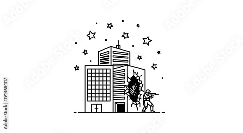 Soldier Attacking Damaged Building with Stars and Debris