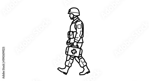 Soldier carrying first aid kit, medical supply, military medic, walking, emergency response