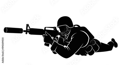 Soldier Aiming Rifle with Silencer, Tactical Combat Silhouette
