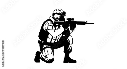 Soldier Aiming Rifle, Tactical Gear, Military Action, Crouching Pose, Combat Ready
