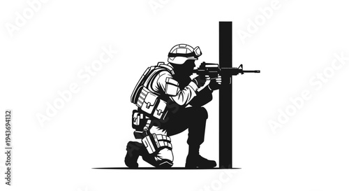 Soldier aiming rifle from behind cover, tactical warfare, military action, combat readiness