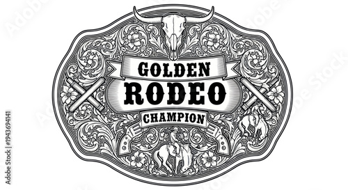 Golden Rodeo Champion Belt Buckle with Bull Skull and Cowboy Elements