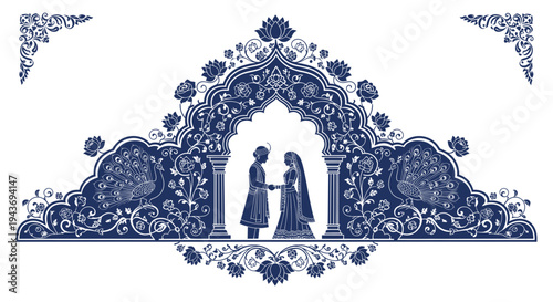 Indian Wedding Invitation Design with Couple Silhouette and Peacock Motifs