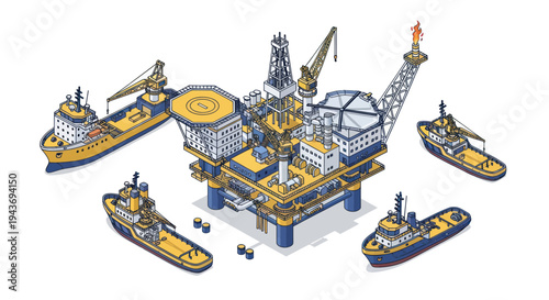 Offshore Oil Rig Platform with Support Vessels Illustration