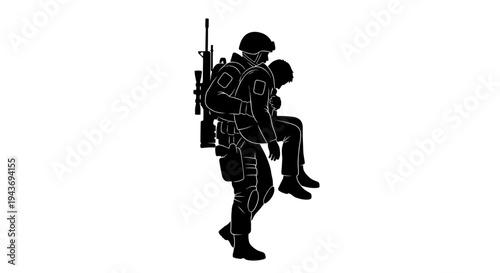 Soldier carrying injured comrade on white background, military rescue, teamwork, support