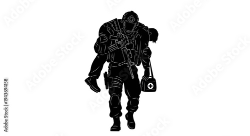 Soldier carrying injured comrade with medical bag, tactical rescue, military aid