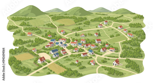Quaint Village Aerial View: Rural Landscape with Houses, Fields, and Hills