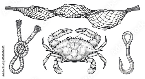 Seafood Collection: Crab, Fishing Net, Rope Knot, and Hook Illustration