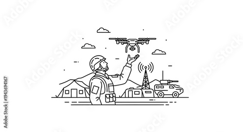 Soldier controlling drone with military vehicle and communication tower in background