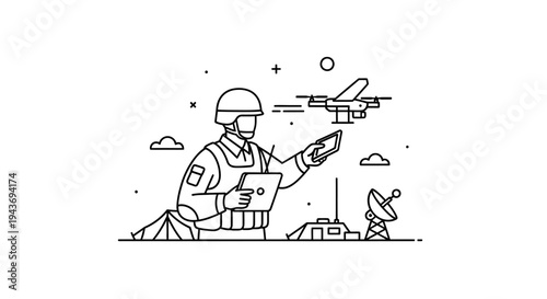Soldier controlling drone with tablet, military technology, surveillance, and reconnaissance